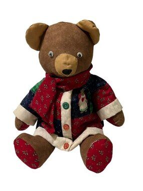 Handcrafted Vtg Christmas Teddy Bear 18" Multicolored Sweater Scarf Stuffed Tree